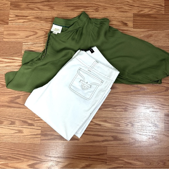 Anthropologie Maeve Kalas Henley Olive Green 3/4 Sleeve Round Neck Blouse SZ M - Picture 15 of 16